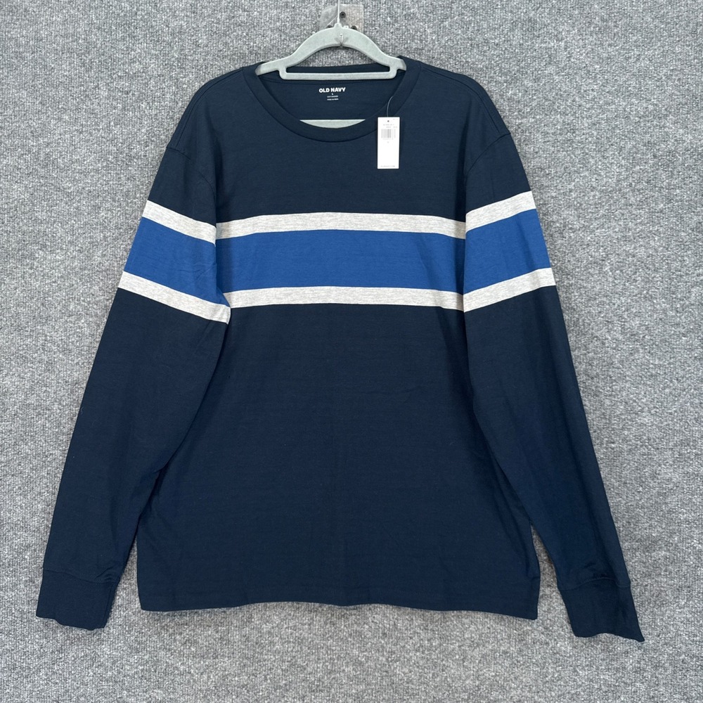 Old Navy Rugby Tshirt Mens Large Blue Striped Long Sleeve Crew Neck Soft Washed